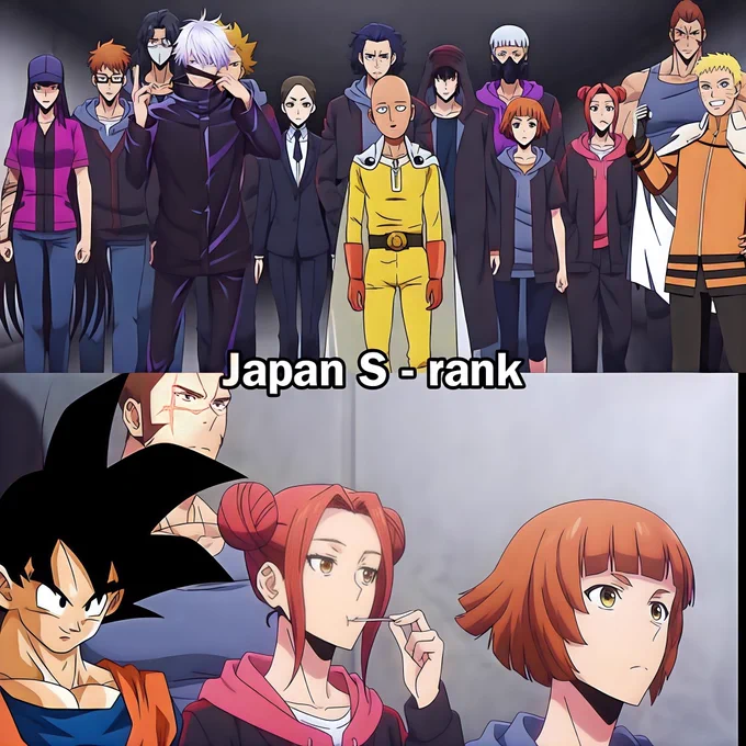 A powerful anime crossover meme collage, two panels. Top panel: a dramatic group shot of elite Japanese anime S-rank characters standing together in a dark cinematic background with spotlight lighting. Characters include: Saitama in yellow hero suit, Gojo Satoru with white hair and blindfold pulling it down, Kakashi Hatake, Naruto Uzumaki, a serious female with long dark hair and purple top, Itadori Yuji, a tall man in black coat, and other iconic strong anime protagonists. Bold white text with black outline at the bottom of the top panel reads "Japan S-rank". 

Bottom panel: close-up of Dragon Ball characters — Goku in orange gi looking confident, a beautiful red-haired woman with hair buns (Kushina style), and a serious orange-haired girl with bob cut. Dark smoky background. Epic and badass atmosphere, highly detailed, vibrant anime style, dynamic composition, best quality, sharp lines.