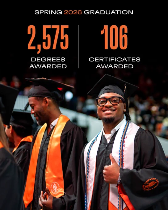  The image highlights that 2,575 degrees and 106 certificates were awarded at the Spring 2026 Graduation.