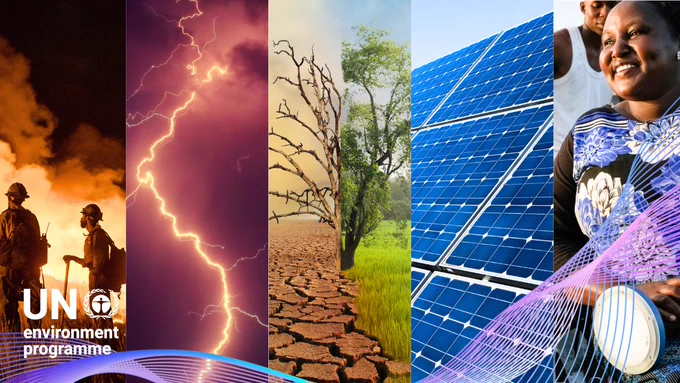 Scenes of fire, lightning, and drought contrast with scenes of greenery, solar panels, and smiling people.