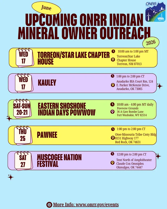 Schedule of June 2026 ONRR Indian Mineral Owner Outreach events across various tribal locations with dates and times.