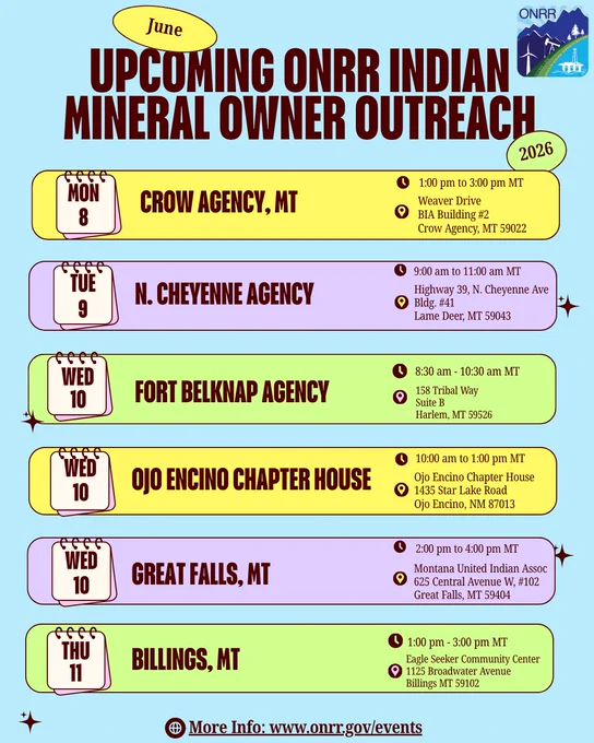 Schedule of ONRR Indian Mineral Owner Outreach events in June 2026 across Montana locations with dates, times, and addresses.