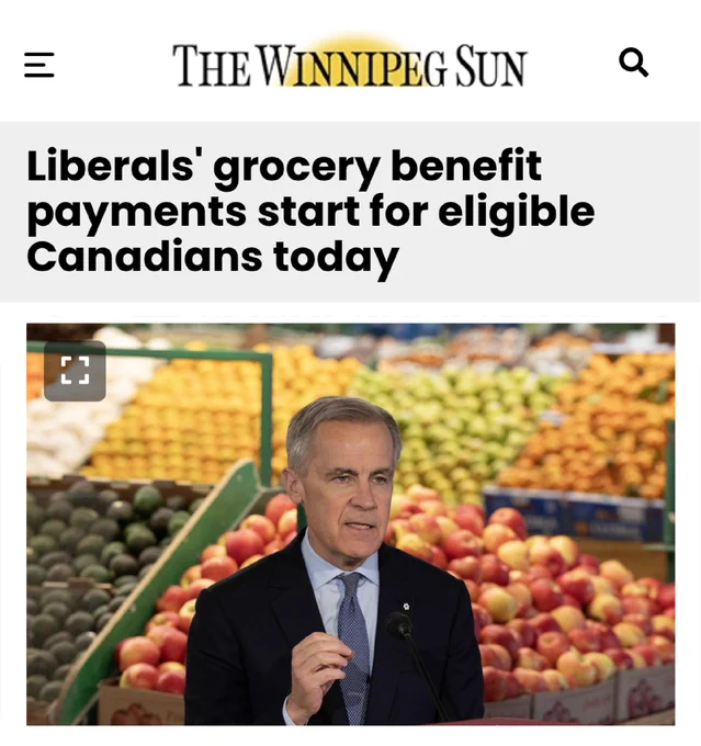 News article headline that reads: Liberals’ grocery benefit payments start for eligible Canadians today