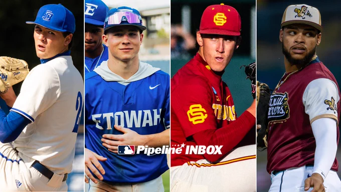 From left to right: Pictures of Jackson Flora in a white UC Santa Barbara uniform, Trevor Condon in a blue Etowah HS jersey, Mason Edwards in a red Southern Cal Trojans jersey and Tampa Bay Rays prospect Xavier Isaac in a red alternate Montgomery Biscuits jersey.