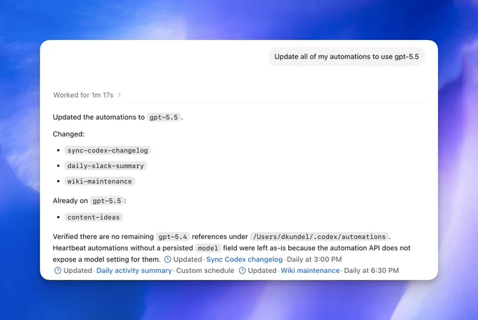 Screenshot asking Codex "Update all of my automations to use gpt-5.5" and a confirmation that the automations were updated