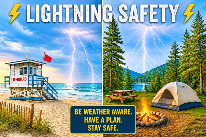  Bright lightning safety graphic split into two outdoor scenes. On the left, a lifeguard hut stands on a sandy beach with ocean waves in the background as lightning flashes across a bright blue sky. On the right, a campground with a tent, campfire, picnic table, and pine trees sits beneath dramatic lightning strikes over a mountain lake. Large text at the top reads, “Lightning Safety.” A blue and gold message box at the bottom states, “Be Weather Aware. Have A Plan. Stay Safe.”