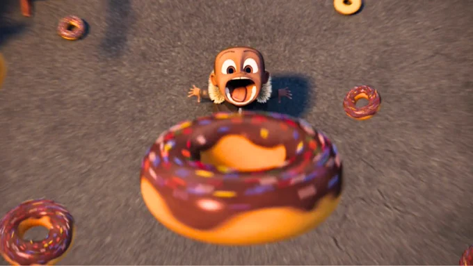 A cartoon character with wide eyes and an open mouth looks excitedly at a giant donut with chocolate icing and sprinkles. Similar donuts are scattered around.