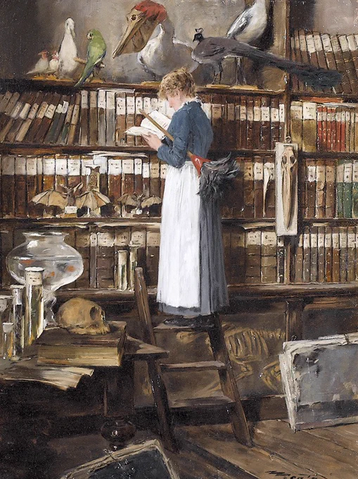 Library interior with reading maid by Édouard Mentha 1915.