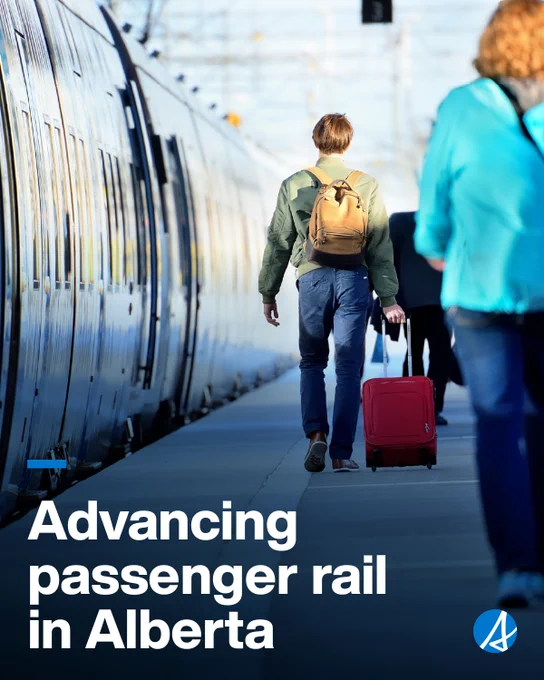 People on a platform walking towards a train. Text reads Advancing passenger rail in Alberta.]