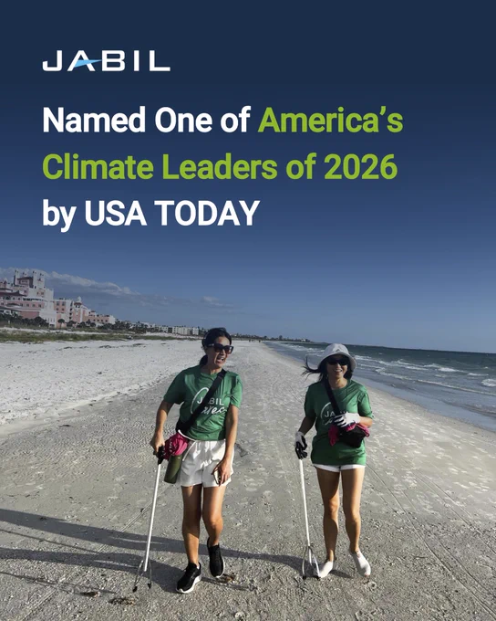 Two people walking on a beach wearing Jabil shirts and carrying tools for collecting trash. The image features text: "Jabil Named One of America's Climate Leaders of 2026 by USA TODAY."