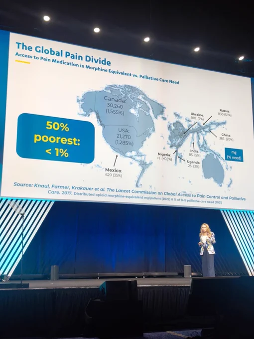 A speaker at a conference presentation stands on stage below a screen that displays the title, "The Global Pain Divide,” and shows a world map with data on access to pain medication in morphine equivalents compared to palliative care needs. Key statistics highlight disparities, such as "50% poorest: <1%," and specific country data, including Canada, USA, Mexico, and others.