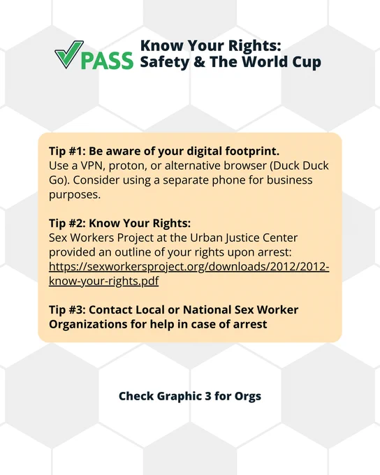 Tip #1: Be aware of your digital footprint.
Use a VPN, proton, or alternative browser (Duck Duck Go). Consider using a separate phone for business purposes. 

Tip #2: Know Your Rights: 
Sex Workers Project at the Urban Justice Center provided an outline of your rights upon arrest: https://sexworkersproject.org/downloads/2012/2012-know-your-rights.pdf

Tip #3: Contact Local or National Sex Worker Organizations for help in case of arrest

Check Graphic 3 for Orgs