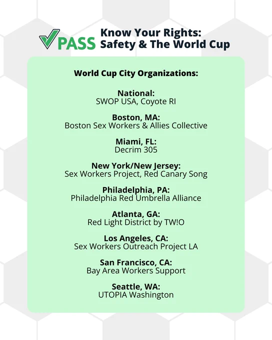 World Cup City Organizations

National:
SWOP USA, Coyote RI

Boston, MA:
Boston Sex Workers & Allies Collective

Miami, FL:
Decrim 305

New York/New Jersey:
Sex Workers Project, Red Canary Song

Philadelphia, PA:
Philadelphia Red Umbrella Alliance

Atlanta, GA:
Red Light District by TW!O

Los Angeles, CA:
Sex Workers Outreach Project LA

San Francisco, CA:
Bay Area Workers Support

Seattle, WA:
UTOPIA Washington