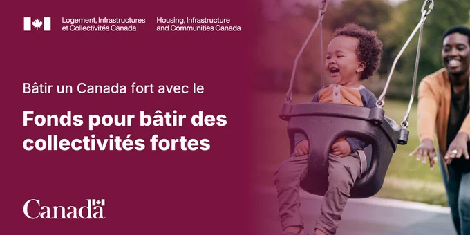 Bâtir un Canada fort avec le Fonds pour bâtir des collectivités fortes. Un adulte poussant un enfant sur une balançoire.
