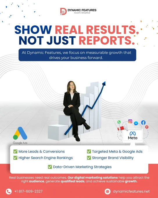 📈 Stop paying for reports. Start investing in results.

Dynamic Features helps businesses generate qualified leads, improve rankings, increase conversions, and grow with data-driven Google & Meta Ads.

🌐 dynamicfeatures.net

#DigitalMarketing #SEO #GoogleAds #MetaAds #BusinessGrowth #LeadGeneration