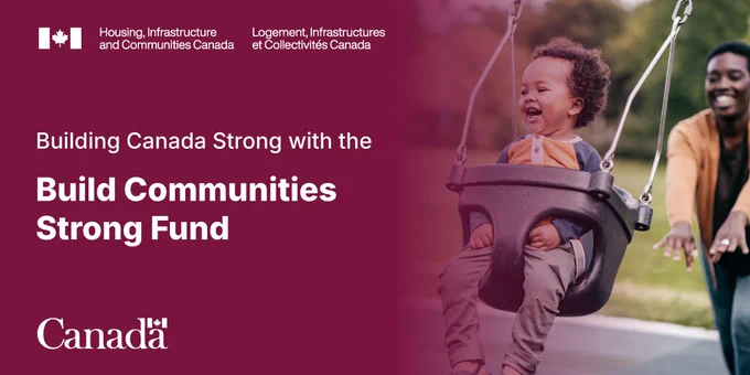 Build Canada Strong with the Build Communities Strong Fund. A parent pushing a child on a swing set.