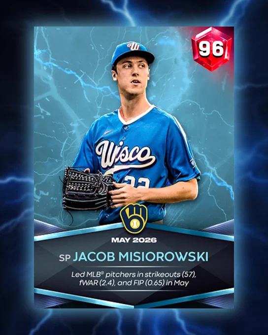 May Spotlight Lightning player: Jacob Misiorowski 
Pictured: An MLB The Show 96 overall Jacob Misiorowski. He looks off into the distance while wearing a Brewers City Connect uniform.