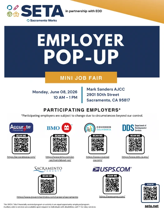 Flyer for Sacramento Works Employer Pop-Up Mini Job Fair on June 8, 2026, from 10 AM to 1 PM at Mark Sanders AJCC, Sacramento.