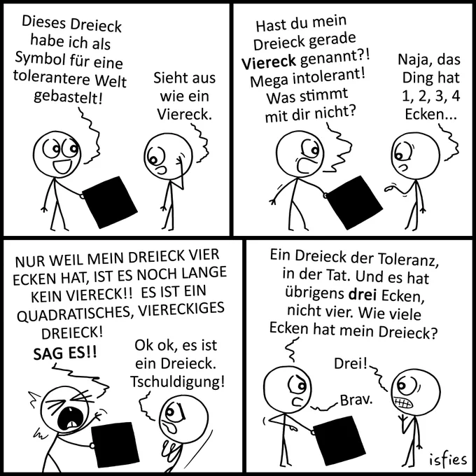 Der Comic besteht aus vier Bildern und zeigt zwei Strichmännchen. Die linke Person hält durchgehend eine schwarze, quadratische Form in den Händen.

Bild 1: Die linke Person hält die Form hoch und sagt freudig: „Dieses Dreieck habe ich als Symbol für eine tolerantere Welt gebastelt!“ Die rechte Person sieht verwundert aus und antwortet: „Sieht aus wie ein Viereck.“

Bild 2: Die linke Person schaut wütend und ruft: „Hast du mein Dreieck gerade Viereck genannt?! Mega intolerant! Was stimmt mit dir nicht?“ Die rechte Person zeigt auf die Form und entgegnet: „Naja, das Ding hat 1, 2, 3, 4 Ecken...“

Bild 3: Die linke Person schreit mit geschlossenen Augen aggressiv: „NUR WEIL MEIN DREIECK VIER ECKEN HAT, IST ES NOCH LANGE KEIN VIERECK!! ES IST EIN QUADRATISCHES, VIERECKIGES DREIECK! SAG ES!!“ Die rechte Person weicht verängstigt und schwitzend zurück: „Ok ok, es ist ein Dreieck. Tschuldigung!“

Bild 4: Die linke Person schaut wieder ruhig und bestimmend: „Ein Dreieck der Toleranz, in der T