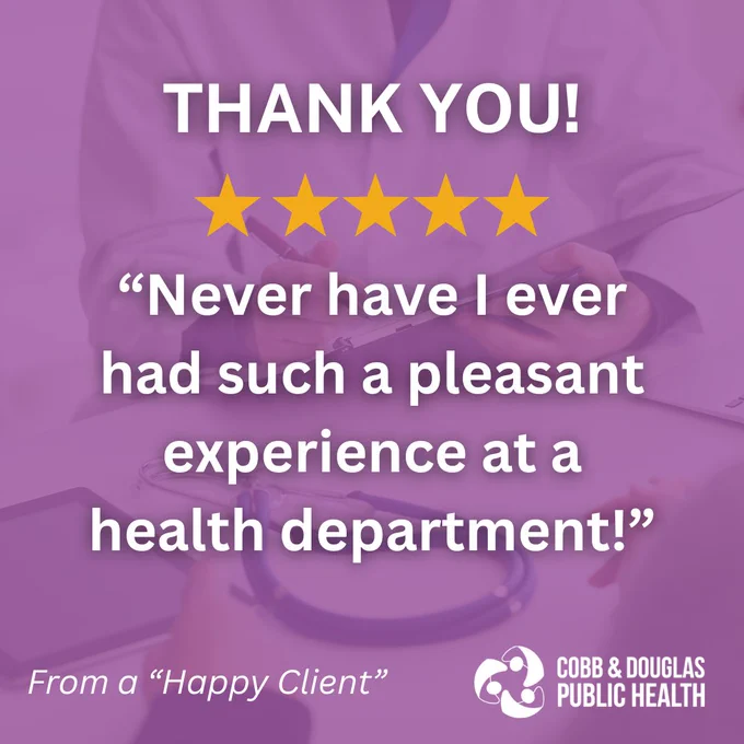 Five-star review praising a health department for a pleasant client experience with a thank you message.