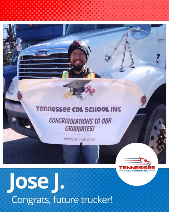 Graduate holding a Tennessee CDL School banner in front of a large white truck, celebrating trucking school completion.