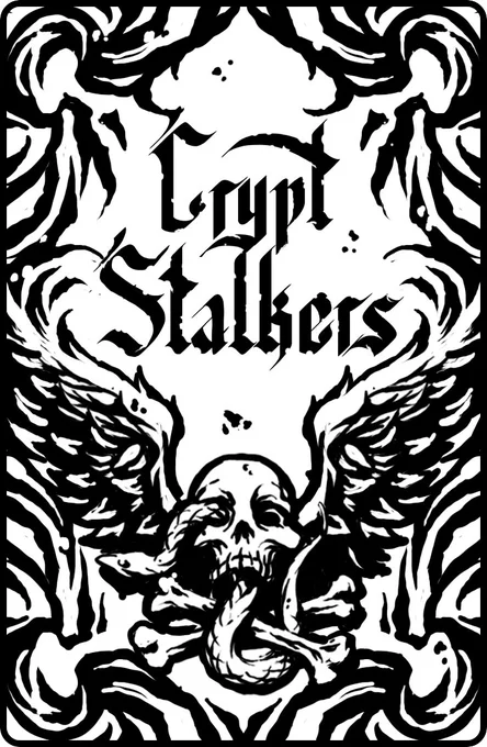 Preview of the Crypt Stalkers card back design featuring a custom gothic typeface created exclusively for the project. Dark fantasy, grim dark aesthetic