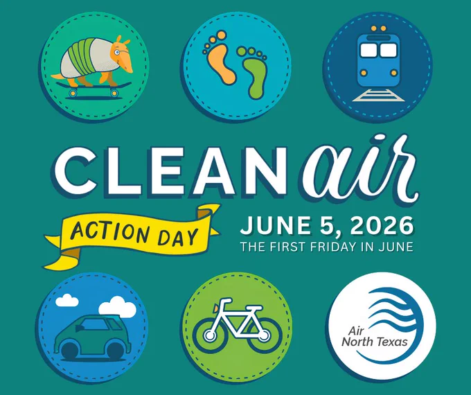 Illustration promoting Clean Air Action Day on June 5, 2026, featuring icons of an armadillo on a skateboard, footprints, a train, a car, a bicycle, and the Air North Texas logo.
