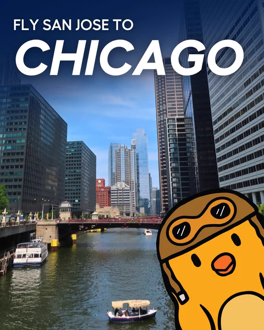 Chicago skyline with Ernie the Baby Chick and text saying "Fly San Jose to Chicago"