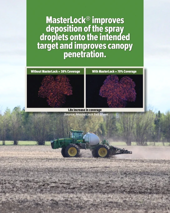 A tractor sprays a field, with two inset images showing different coverage levels of crops. The text highlights that MasterLock improves spray deposition on the target, with one example showing 38% coverage without MasterLock and 70% with it.