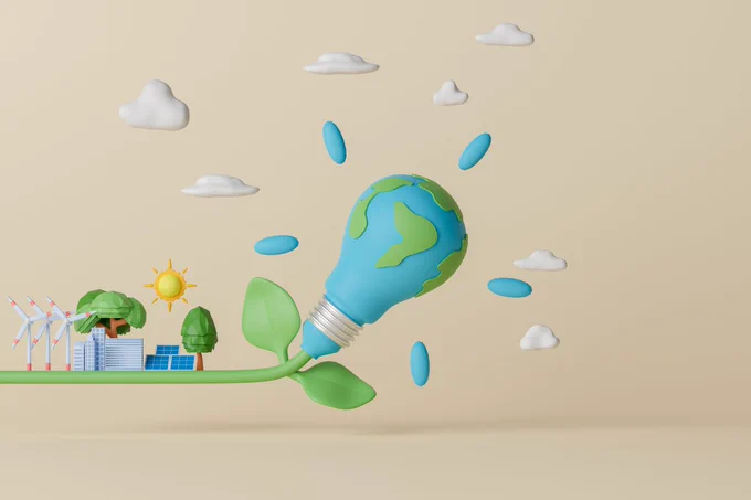 An illustration that has a lightbulb-shaped drawing of the Earth as a plant with a stem and leaves amid clouds, with wind turbines, battery energy storage and solar panels on the stem. 