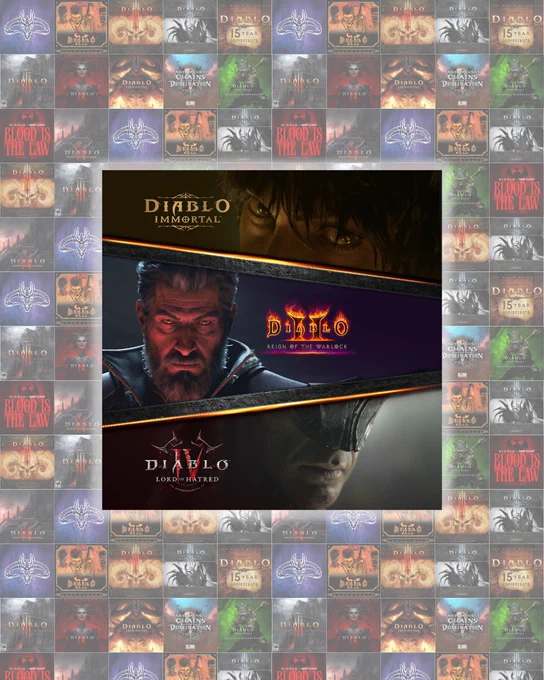 A triptych featuring three different Warlocks across three different Diablo games with each panel separated by glowing gold-edged borders. The first panel shows a shadowy close-up of a dark-haired figure's eyes in warm amber tones with the \"Diablo Immortal\" logo next to them. The center panel features a weathered older man with silver hair and a dark beard staring intensely forward next to the \"Diablo II: Reign of the Warlock\" logo. The last panel shows a helmeted figure in close profile beside the \"Diablo IV: Lord of Hatred\" logo. Behind the triptych is a tiled mosaic made up of dozens of small Diablo albums and soundtrack covers that are all faded white.