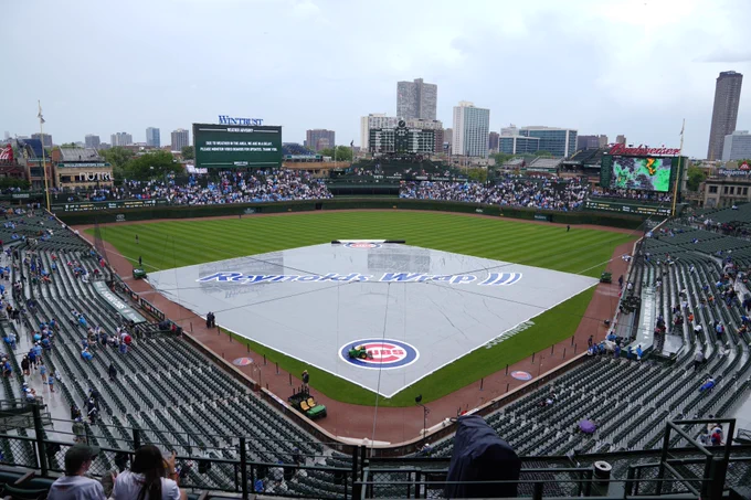 Wrigley Field with a tarp on the infield due to rain