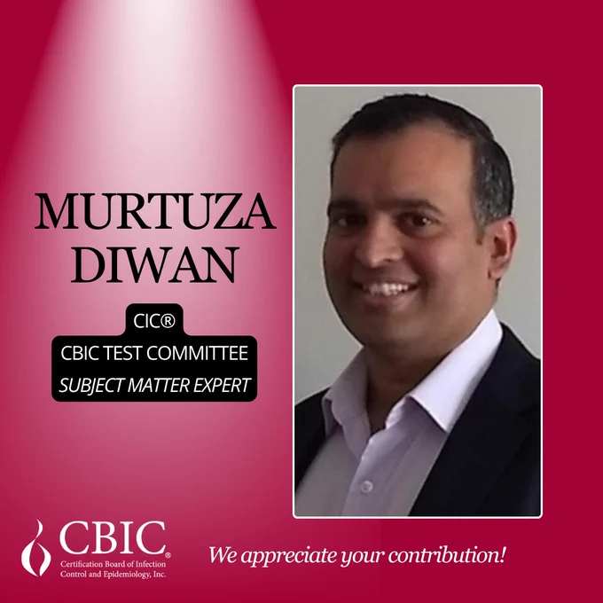 A red poster spotlighting Murtuza Diwan, CIC, an adult with black and gray hair wearing a white collared shirt and black suit jacket while smiling. Murtuza is noted as a CBIC Test Committee Subject Matter Expert.