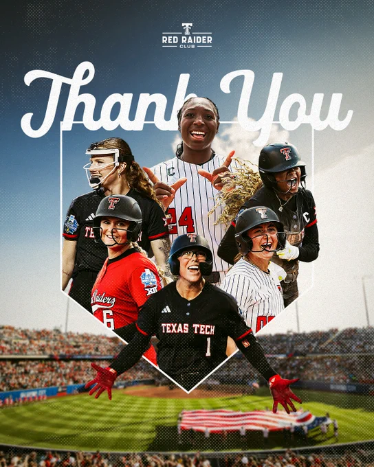 Six Texas Tech softball players celebrating in uniform inside a home plate graphic, above a large "Thank You" script headline and the Red Raider Club logo.