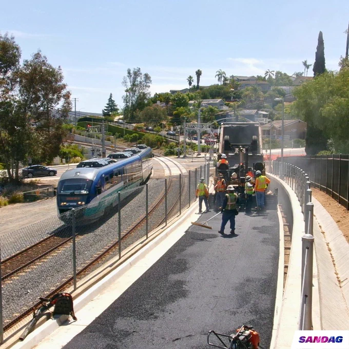 A crew works on paving the Inland Rail Trail in Vista. A train travels on the tracks parallel to the worksite. The area is surrounded by trees and residential buildings on a slightly elevated landscape. The SANDAG logo is visible in the bottom right corner.