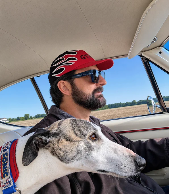 Sean Spence cruising Route 66 with the hound. Listen for these highlights Sunday on MAX 93.5 FM from 9am to Noon...
* Sammy Hagar explains how he got the name "Red Rocker"
* MAX concert calendar with Sammy on there
* Rush guitarist was told to remember "how to be a plumber" in case musicianship didn't work out
* 2pm Sunday car show at New Castle KFC (flyer attached)
This show is eating up the miles, Sunday mornings 9am to noon on radio, simulcast and streaming on MAXROCKS.NET AND posted there for 24 hours in the "Replay Any Hour" Podcast menu. Woof with the winders down!