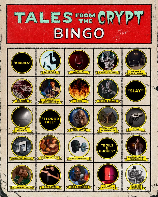 A bingo card featuring various themes and motifs from the 'Tales from the Crypt' series, including references to horror tropes and iconic elements. The design is vintage with a horror-themed aesthetic.