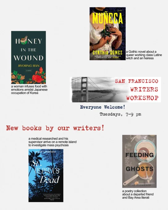 Four book covers and a graphic with the words "San Francisco Writers Workshop" arranged in a carousel.