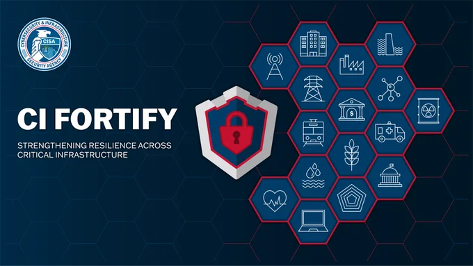 This image features a shield with a padlock icon, surrounded by hexagons depicting various infrastructure symbols, such as buildings, transport, and technology. The text reads "CI Fortify: Strengthening Resilience Across Critical Infrastructure," with the CISA logo at the top left. The background has a hexagonal pattern.