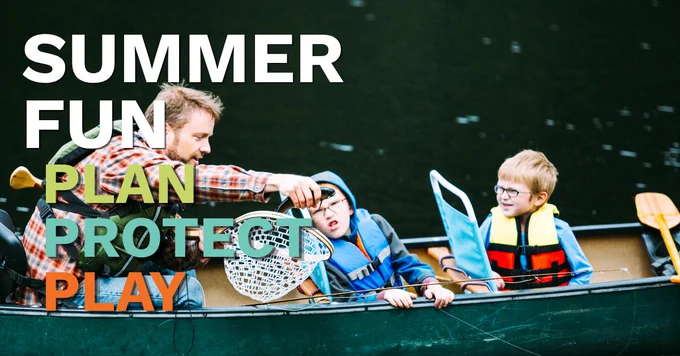 man and two small boys wearing lifejackets in a boat while fishing. 
