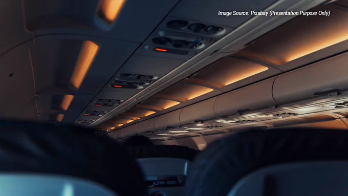 A cinematic view inside a commercial aircraft cabin showing overhead panels, passenger seating, and soft ambient lighting during a flight. The image represents airline travel, airfare planning, and flight booking strategies in 2026. It visually supports information about the cheapest days to fly, the best time to book flights, airfare pricing trends, airline seat availability, and budget travel planning. The cabin environment highlights the modern air travel experience and relates to topics such as cheap flight tickets, international flight booking, airfare savings, travel budgeting, and understanding how airline pricing changes throughout the year.