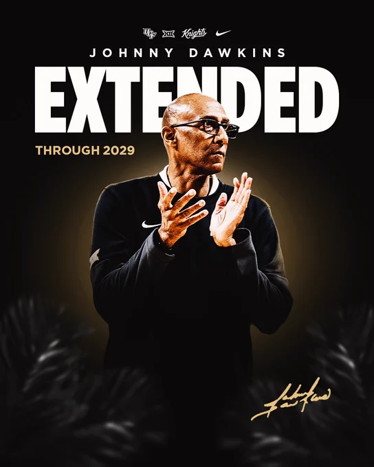 This image features a person clapping against a dark background. Large white text at the top reads "Johnny Dawkins Extended Through 2029." Logos for UCF and Nike are present, along with a signature at the bottom.