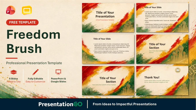 Freedom Brush PowerPoint and Google Slides template preview with painted strokes, six editable slides, and Juneteenth theme.