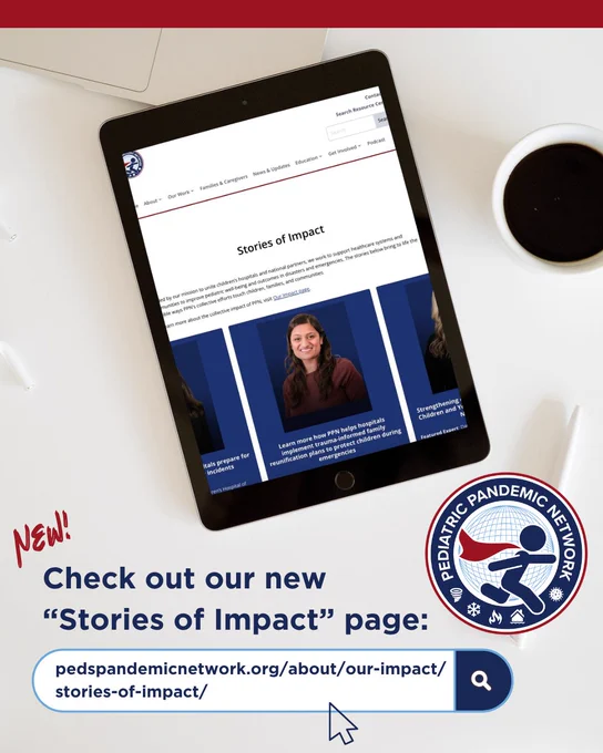 Tablet displaying the Pediatric Pandemic Network's 'Stories of Impact' webpage with blurred faces, placed next to a cup of coffee on a white desk.