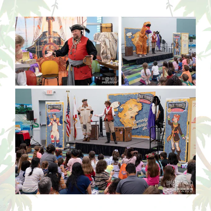 A photo collage featuring live performers at a children's library event. Top left: A performer dressed as a pirate talks to children. Top right: An inflatable T-Rex dinosaur and a performer in explorer attire stand on stage before an audience of kids. Bottom: A large crowd of children sits on the floor watching two performers in explorer costumes on a stage labeled "Page Turner Adventures Comedy Adventure Show."