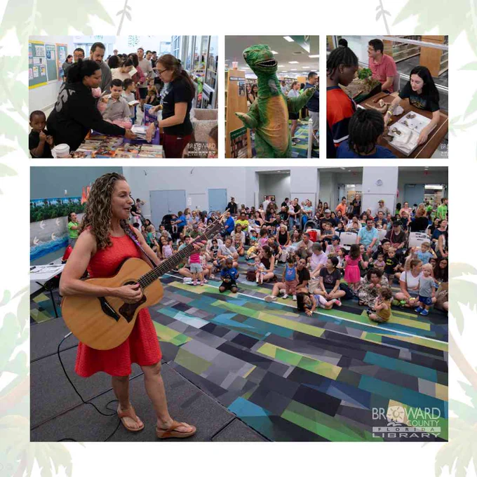 A photo collage from a library event with a light green palm leaf border. Three small photos across the top show a crowded book giveaway table, a person in a green dinosaur costume, and kids interacting with hands-on displays. The large main photo below shows a woman with curly hair wearing a red dress, standing on a low stage and playing an acoustic guitar for a large, attentive crowd of children and parents sitting on a colorful geometric-patterned carpet.