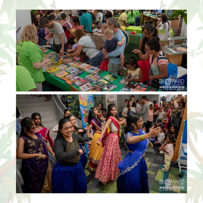 A photo collage with two horizontal event images. The top photo shows a crowded room where adults and children browse rows of books laid out on a long table covered in green fabric. The bottom photo shows a group of young women wearing colorful South Asian traditional lehengas and dresses joyfully dancing in a decorated library space while an audience watches.