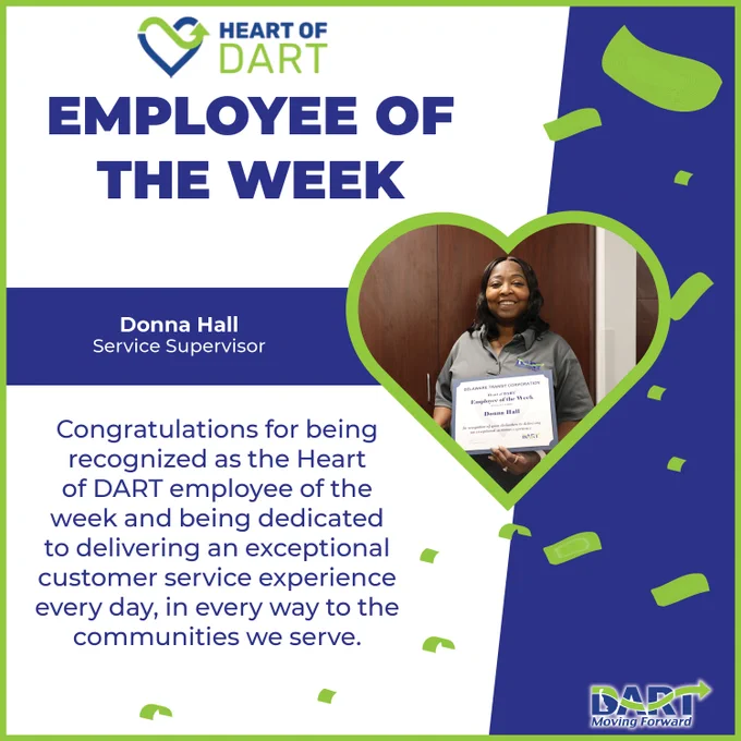 Heart of DART, Employee of the Week. Donna Hall, Women in green heart. DART logo