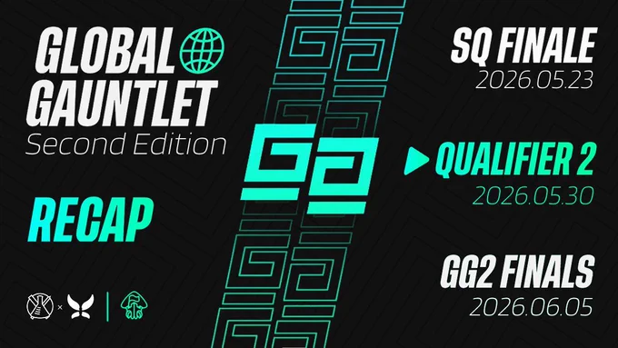 Black background with white and neon blue/green text, promoting the Global Gauntlet and indicating a recap of the events. The right side, divided from the left by a blue "GG" banner, has a list of dates for each Global Gauntlet event, with Qualifier 2 highlighted blue.