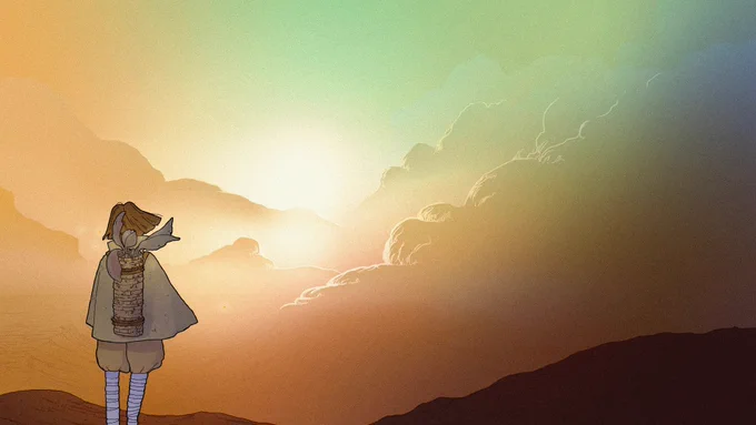 A girl with a plant growing out of her backpack, looking out over a landscape of atmospheric clouds.