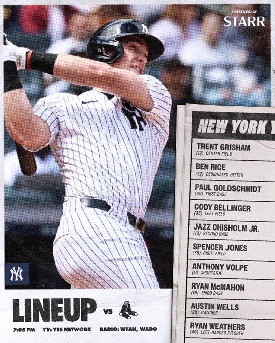 Yankees vs Boston Lineup:

Trent Grisham | CF | 12
Ben Rice | DH | 22
Paul Goldschmidt | 1B | 48
Cody Bellinger | LF | 35
Jazz Chisholm Jr. | 2B | 13
Spencer Jones | RF | 78
Anthony Volpe | SS | 11 
Ryan McMahon | 3B | 19
Austin Wells | C | 28
Ryan Weathers | LHP | 40

Time: 7:05 PM ET
TV: YES Network 
Radio: WFAN 660 AM/101.9 FM, WADO 1280

Presented by Starr Insurance Companies

Photo of Ben Rice